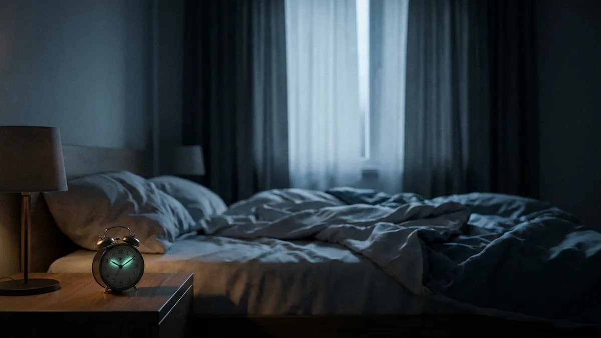 A softly lit bedroom before dawn showing a person's rumpled empty bed and a bedside clock reading close to three, evoking the second-half sleep disruption after drinking
