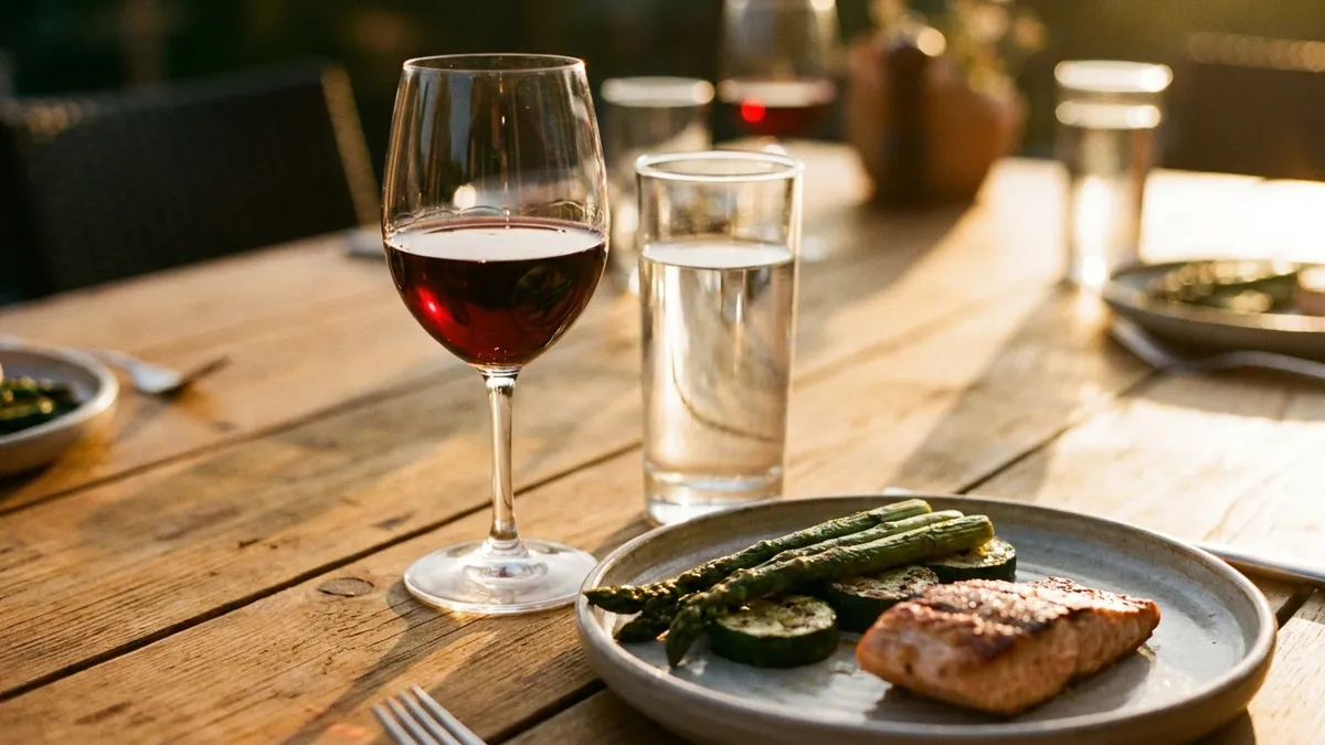 A calm dinner-table scene with a modest half-poured glass of wine beside a tall glass of water and a plate of food, evoking pacing, hydration, and eating while drinking