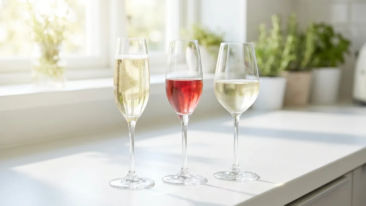 Three pale, light-bodied wines — a crisp white, a fresh sparkling, and a light chilled red — lined up on a bright kitchen counter, evoking lower-alcohol sleep-friendly styles
