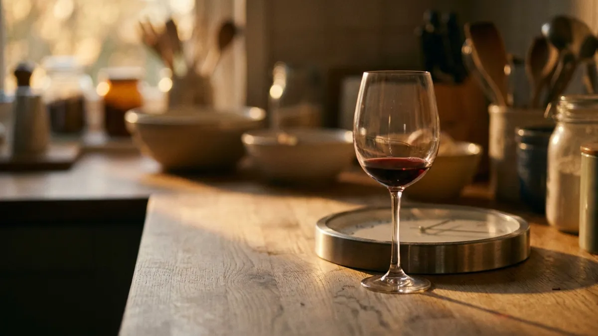 A warm evening scene of a wine glass being set down beside a clock on a kitchen counter as golden light fades, evoking finishing the last glass hours before bed