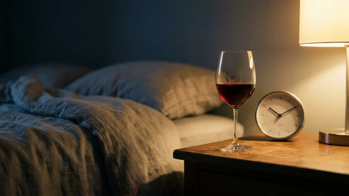A single glass of red wine on a bedside table beside a softly lit lamp and an alarm clock, evoking the nightcap and its effect on sleep