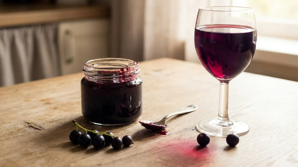 A small open jar of dark blackcurrant jam beside a stemmed glass of red wine on a wooden kitchen table in soft window light, a spoon resting between them