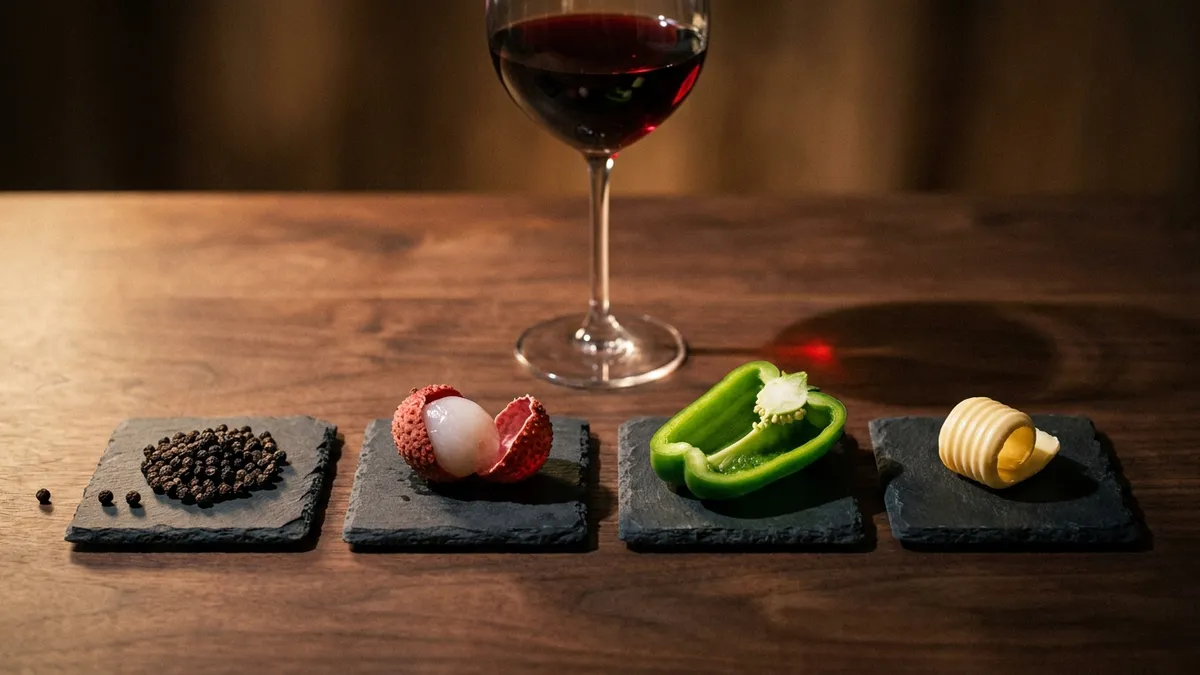 Black peppercorns, a halved lychee, a green bell pepper wedge, and a curl of butter arranged beside a glass of wine on dark wood in warm side light