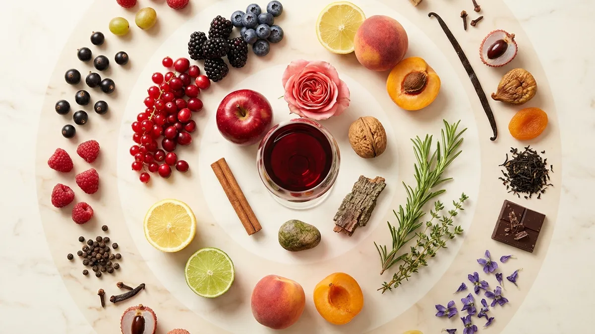 Fresh aromatic ingredients arranged in three concentric rings around a glass of red wine on pale marble, from broad families on the inside to specific fruits, herbs, and spices on the outside