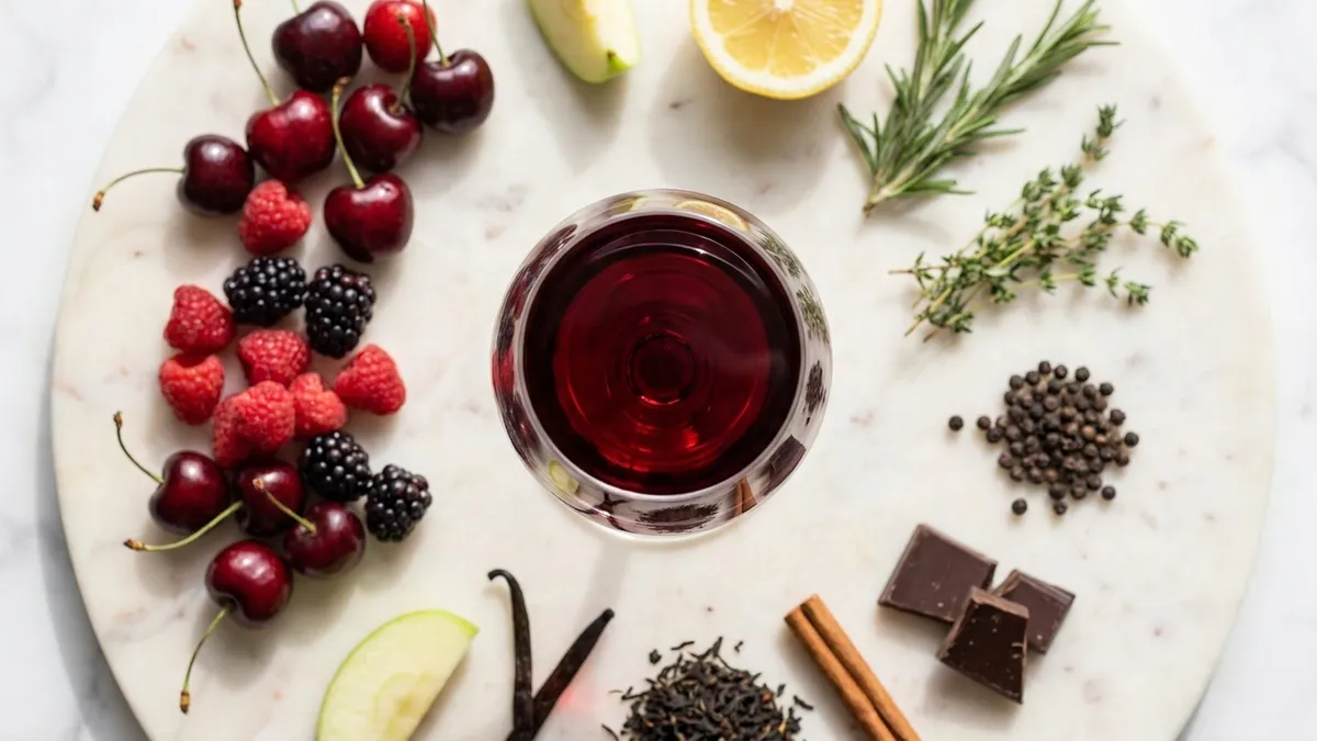 A wine aroma wheel illustration alongside a glass of red wine and various aromatic ingredients