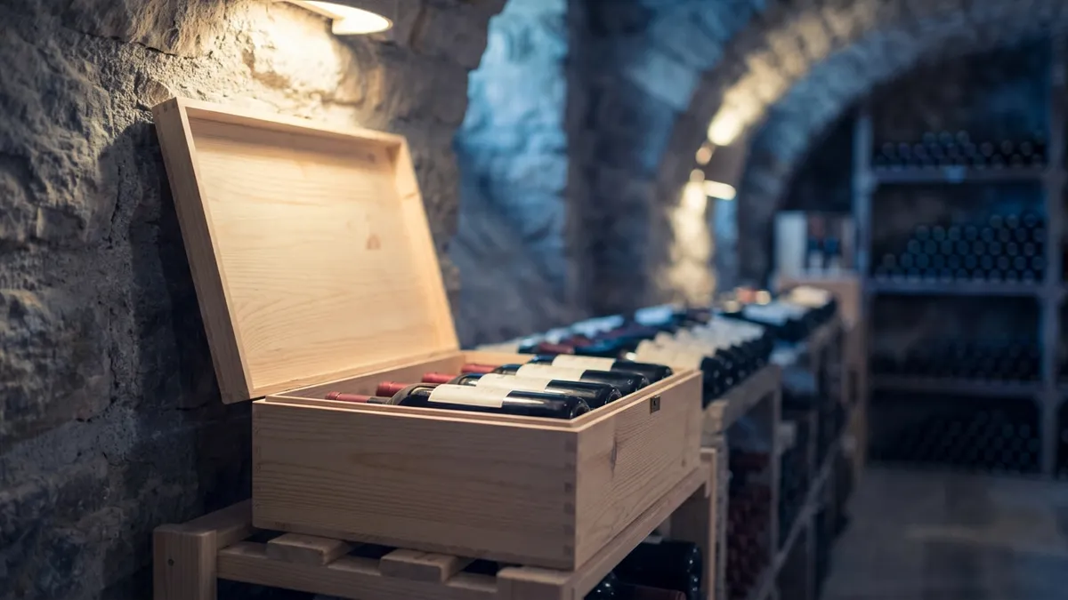 An open plain wooden wine case of dark bottles on a low rack in a dim vaulted stone cellar