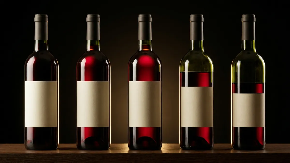 Five old dark bottles on an oak shelf, backlit so the level of ruby wine inside steps down from full in the neck to well below the shoulder