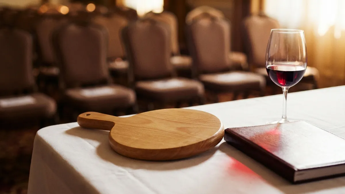 A plain wooden bidding paddle resting on white linen beside a blank catalogue and a small glass of garnet red wine, empty auction chairs blurred behind
