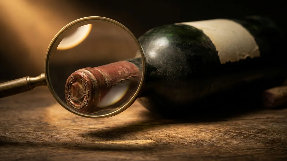 A brass magnifying glass resting over the aged foil capsule and faded blank label of an old wine bottle on a worn oak table