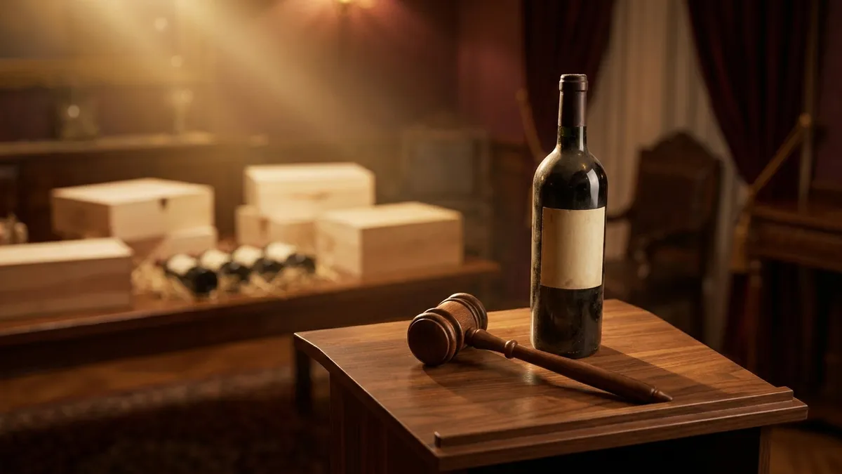 A wooden gavel on a walnut lectern beside a dusty unmarked bottle of aged red wine, with old wooden wine cases blurred behind