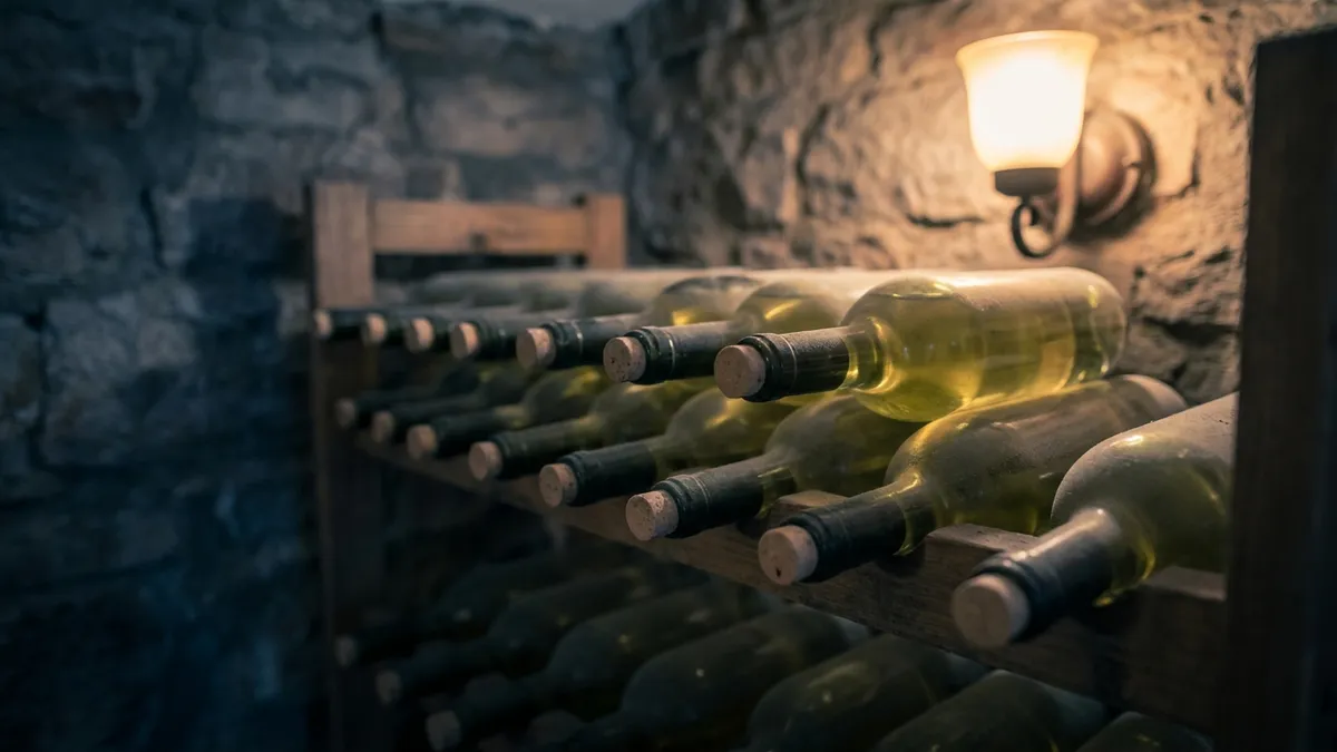 Bottles of white wine lying on their sides in a dim, cool cellar rack under soft warm light