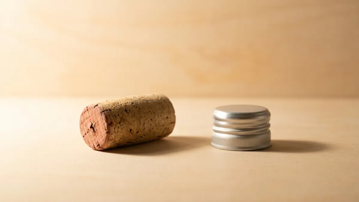 A natural cork and a plain metal screw cap resting side by side on a pale wooden surface in warm light