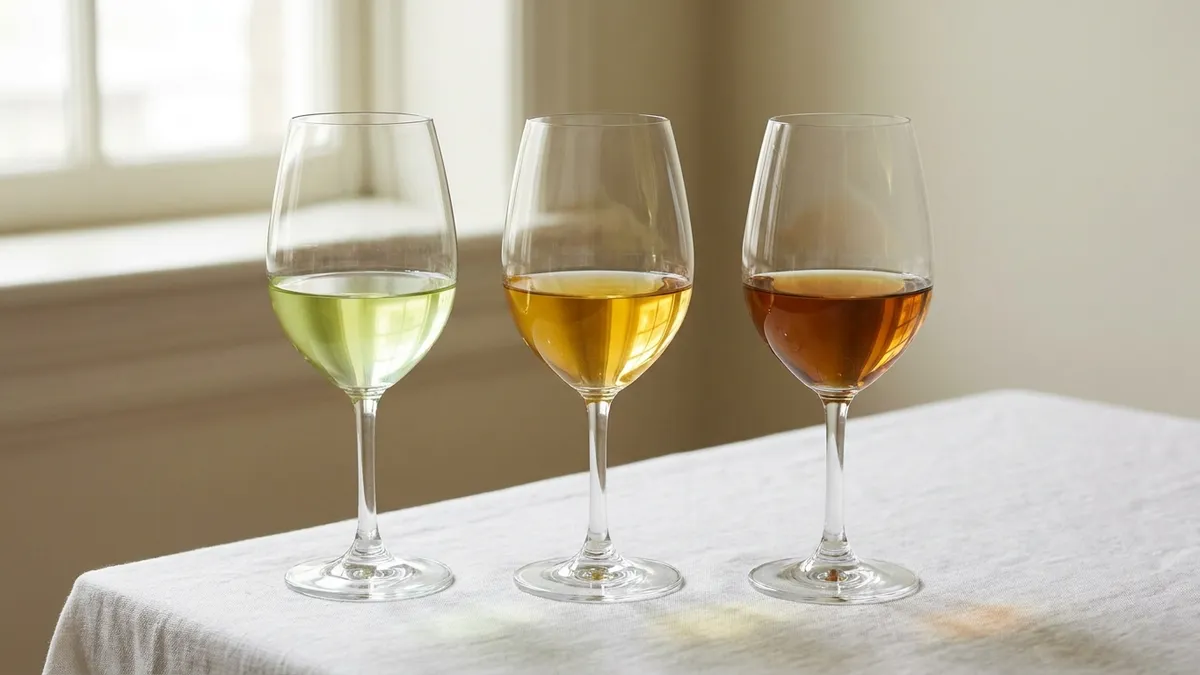 Three glasses of white wine in a row, pale lemon, deep gold and amber-brown, showing how oxidation darkens a white