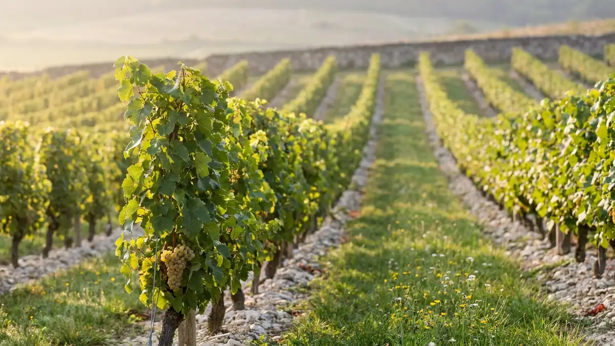 A young Chardonnay vineyard on a gentle limestone slope in soft morning light, with grass growing between the rows