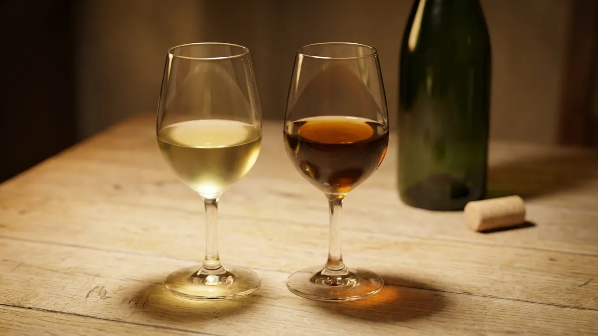 A glass of young white wine that has turned deep amber-brown beside a pale lemon glass of the same style, lit by warm side light