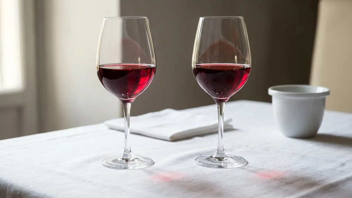 Two identical glasses of red wine side by side on a white tablecloth in soft window light, with no bottles in view