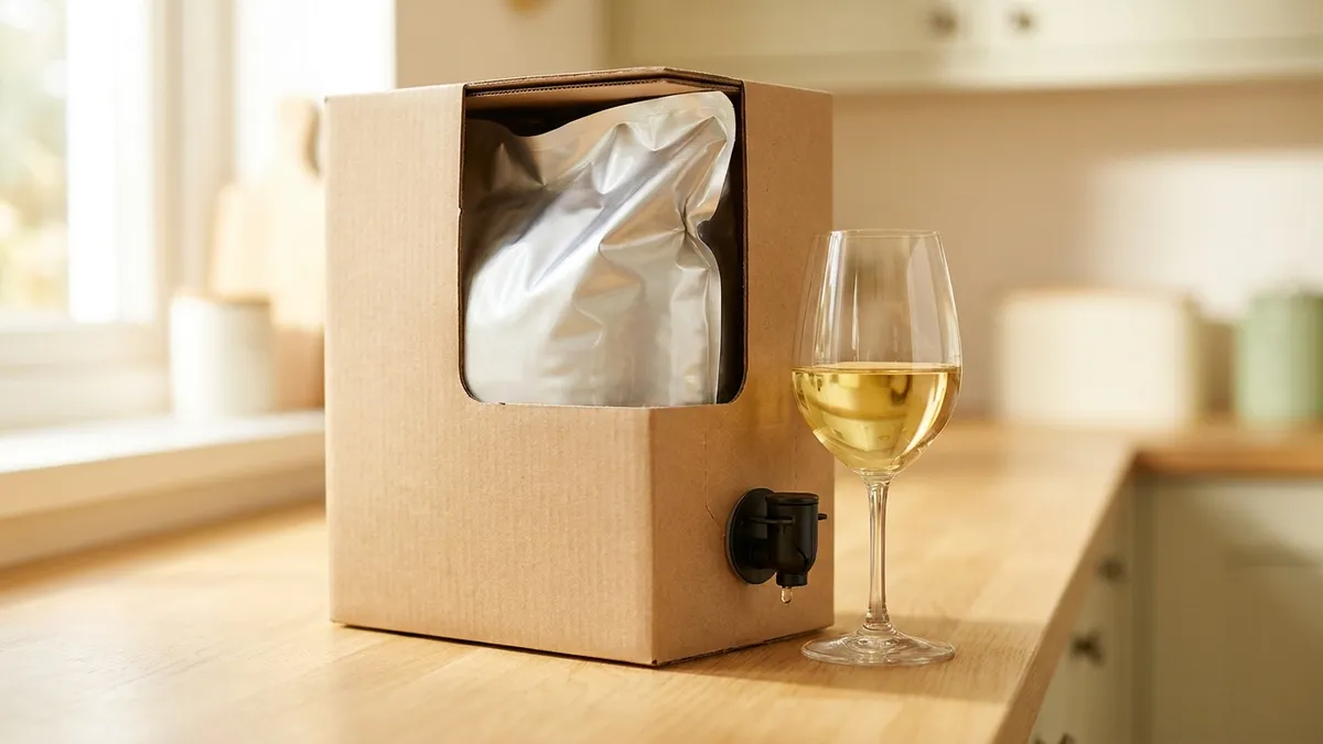 Cutaway view of a cardboard wine box on a kitchen counter showing a collapsed silver bladder inside, with a glass of white wine beside the tap