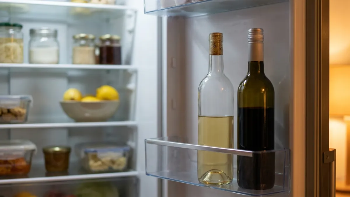 An open refrigerator door holding a recorked half-full bottle of white wine and a screw-capped half-full bottle of red wine, lit by warm kitchen lamplight