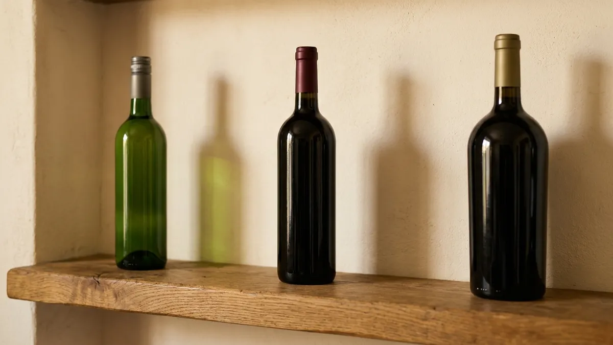 Three plain unlabelled wine bottles of different shapes standing in a row on a wooden shelf in warm side light