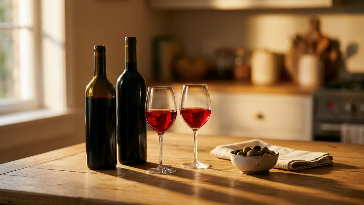 Two plain unlabelled wine bottles and two glasses of red wine on a kitchen table in warm evening light, one bottle slightly taller than the other