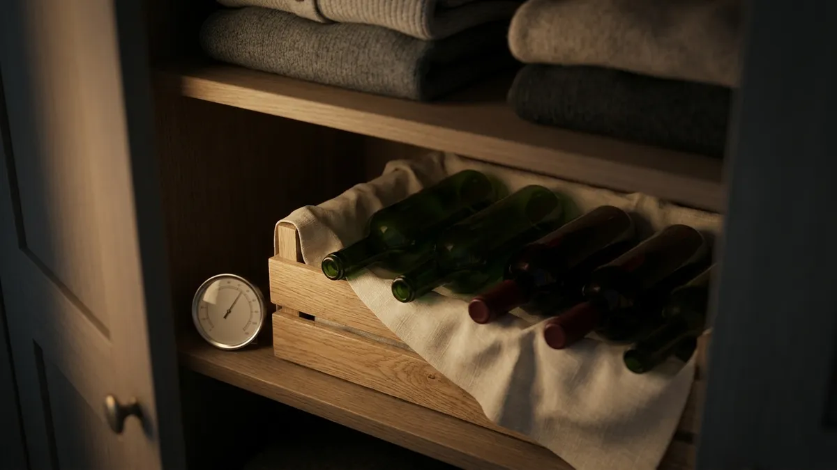 Six unlabelled wine bottles lying in a linen-lined wooden crate on the floor of a dim closet, beside a small round thermometer