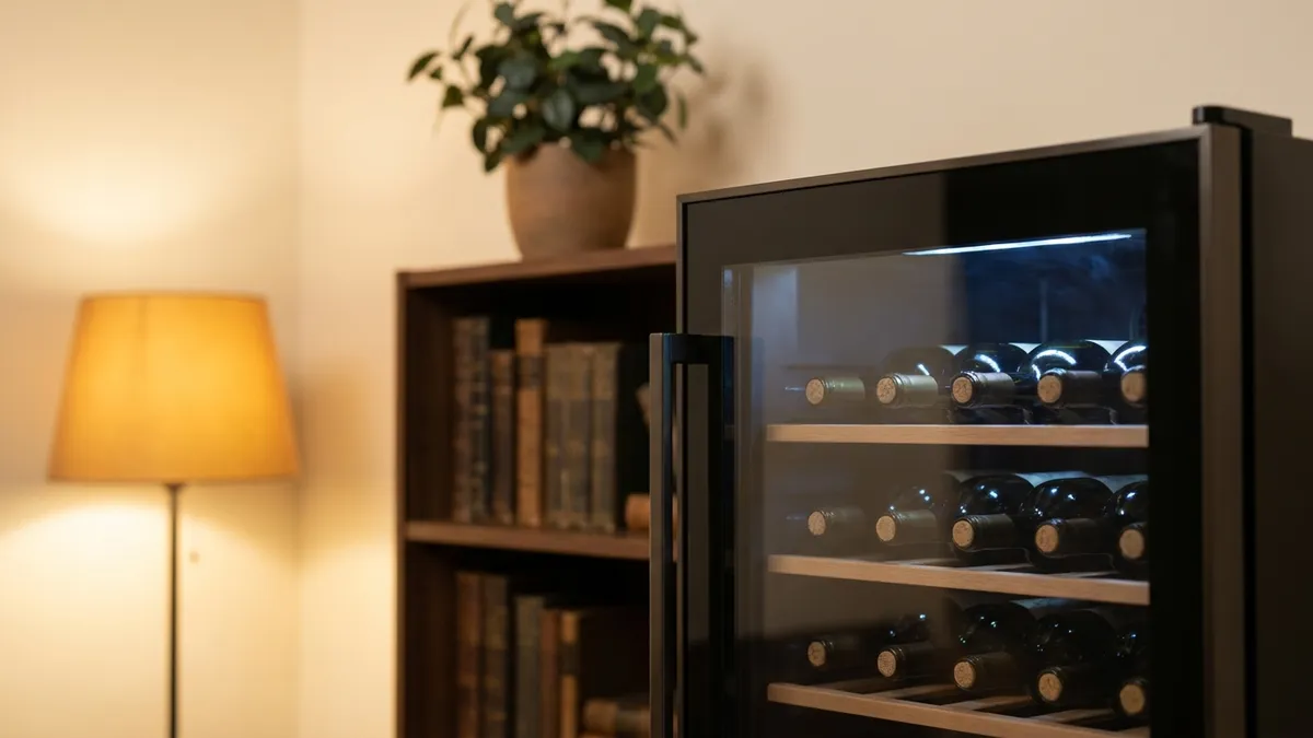 A small freestanding wine fridge with a smoked glass door in the corner of a living room, bottles resting on slim wooden shelves inside