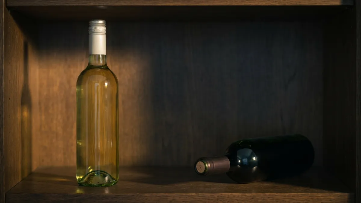 Two unlabelled wine bottles on a dark cupboard shelf, one standing upright with a silver screw cap and one lying on its side with a cork