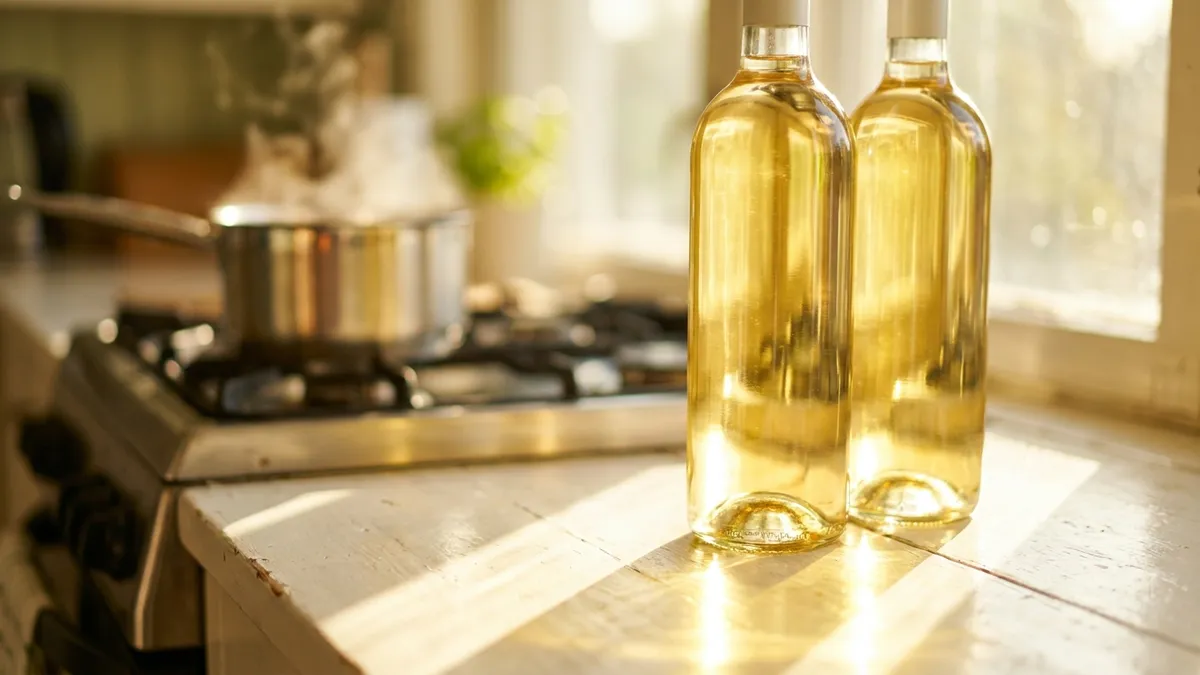 Two bottles of pale white wine in clear glass standing on a sunny kitchen windowsill beside a stovetop