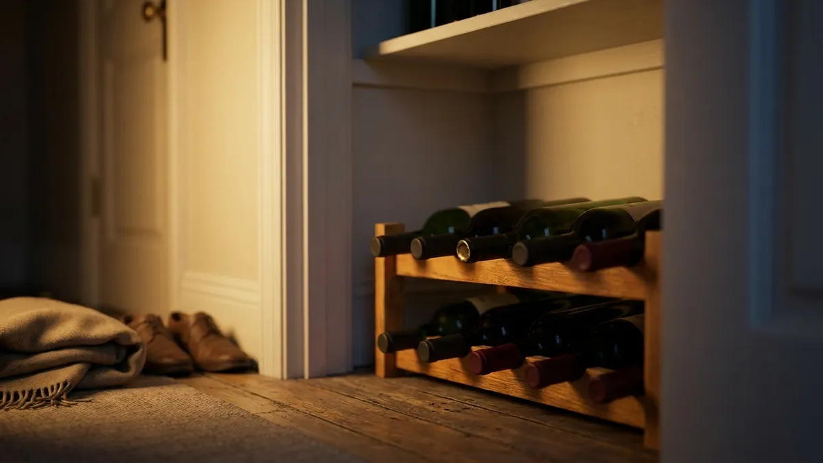 Unlabelled wine bottles lying on a small wooden rack inside a half-open hallway closet, lit by warm light from the hall