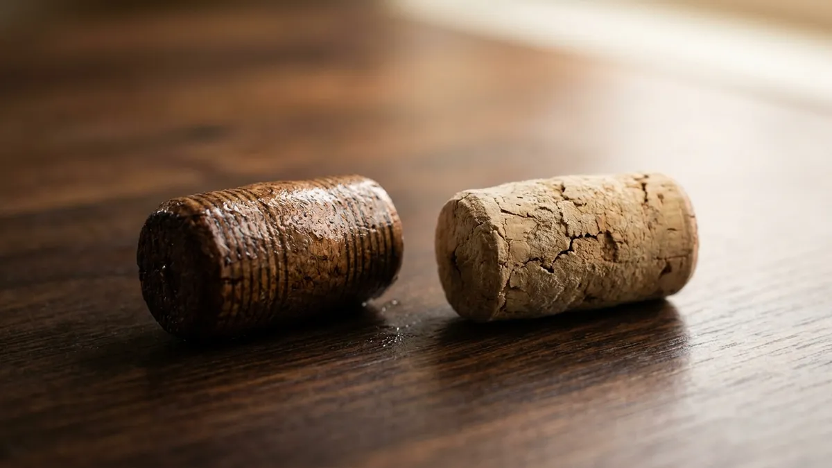 A moist, dark, swollen cork next to a pale, shrunken, dried-out cork on a wooden surface