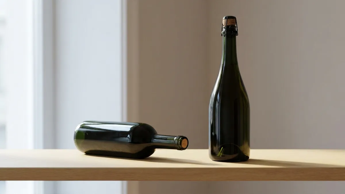 A still red wine bottle lying on its side next to an upright sparkling wine bottle on a wooden shelf