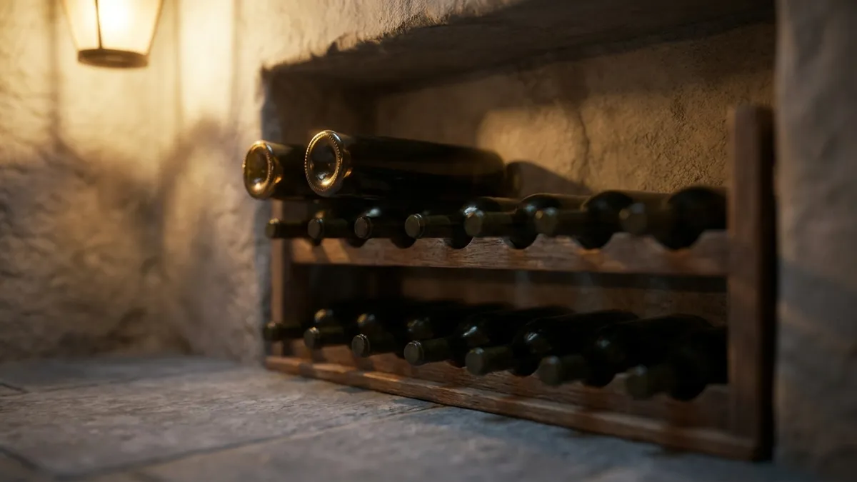 A cool, dim home wine storage nook with bottles resting on their sides on a wooden rack, lit by a single soft light