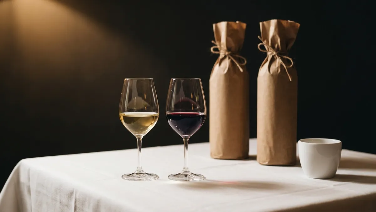 Two wines in tasting glasses in front of two bottles wrapped in plain brown paper bags on a white tablecloth