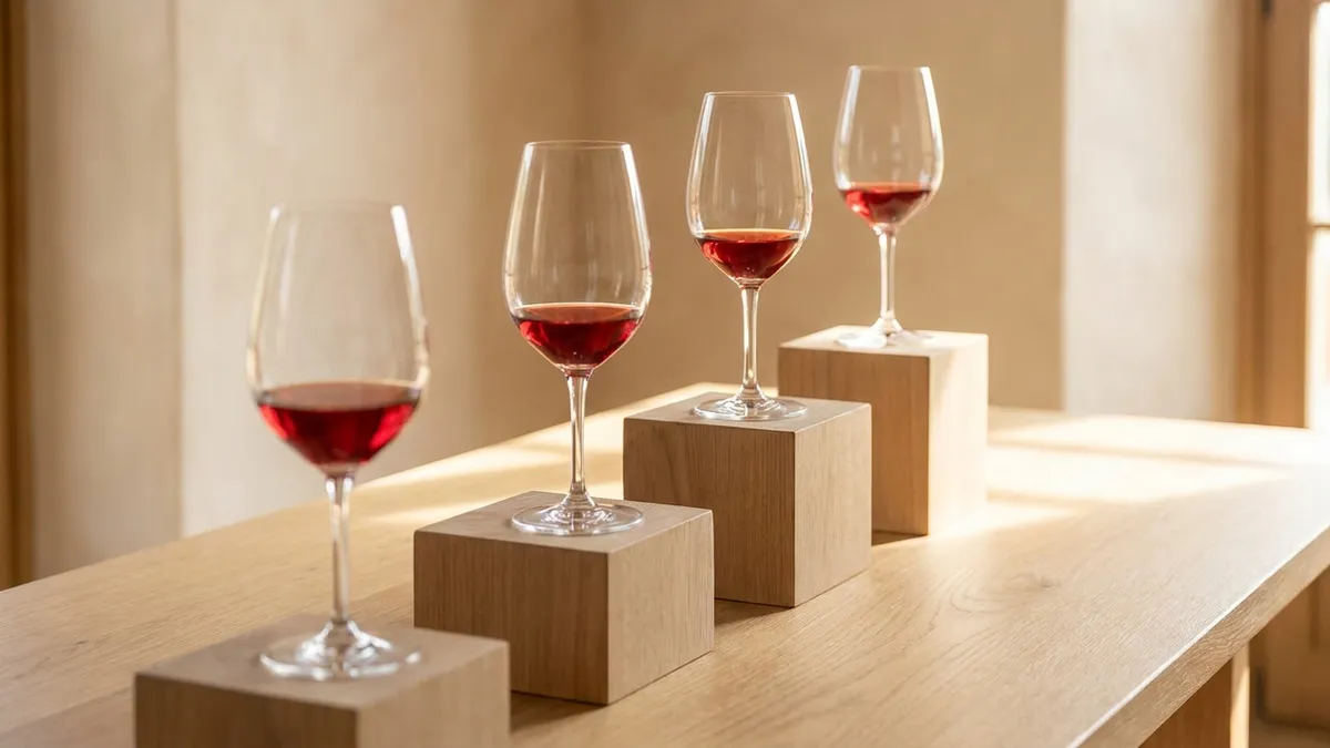 Four tasting glasses of ruby wine rising on wooden blocks like steps of a staircase on an oak table