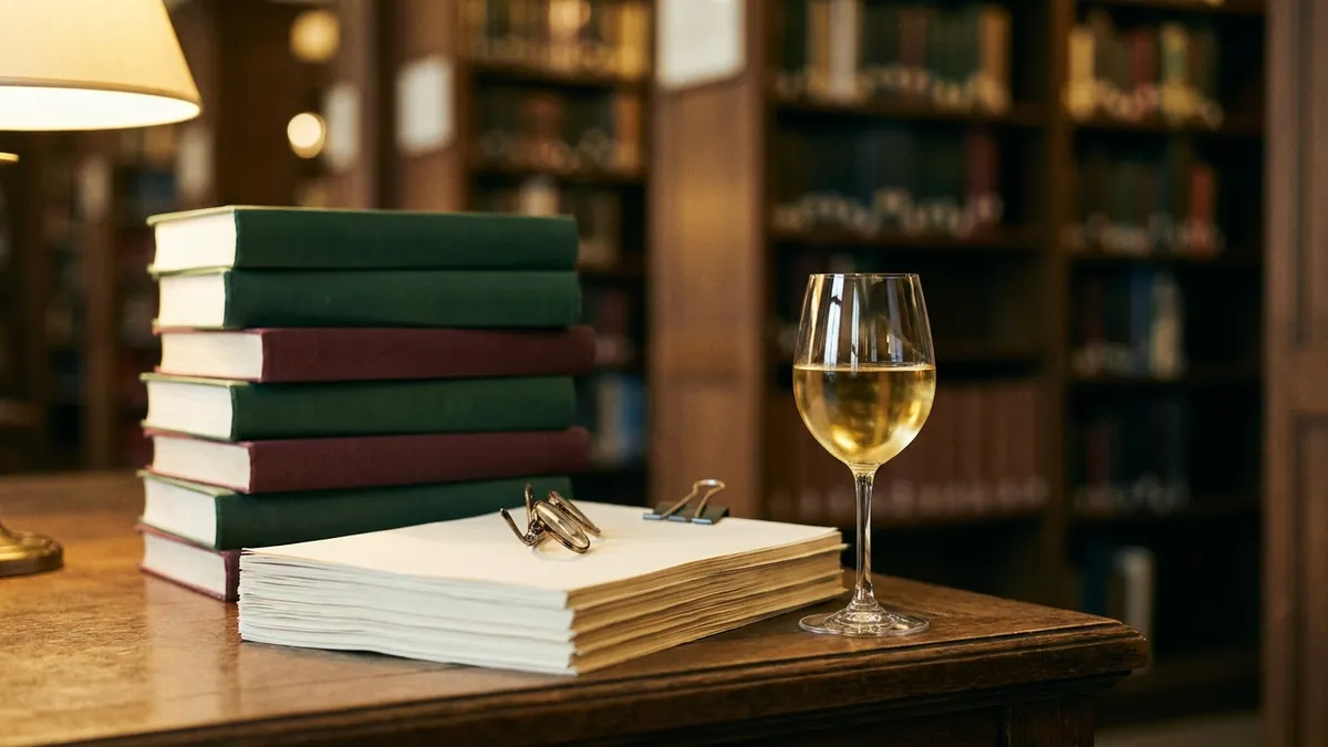A stack of plain clothbound books, a clipped bundle of blank paper and a glass of pale white wine on a wooden library desk