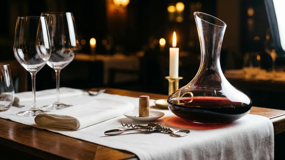 A decanter of garnet red wine beside a candle, a white service napkin, a corkscrew and a pulled cork on a restaurant table