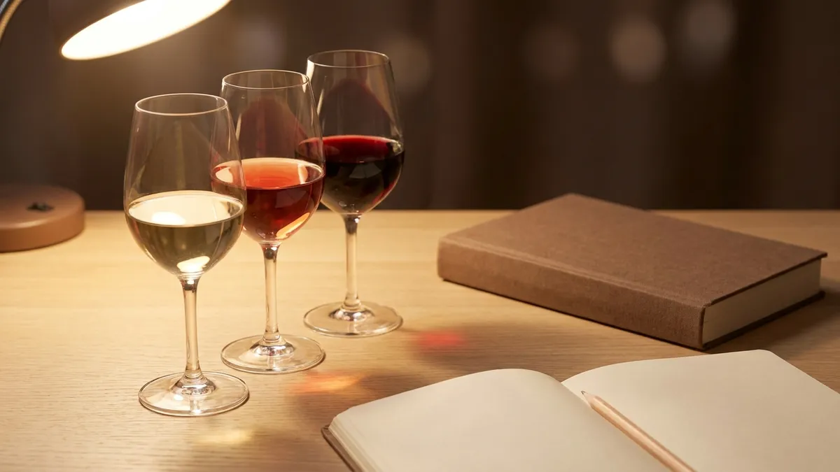Three tasting glasses of white, light red and deep red wine beside a plain study book and a blank open notebook on an oak desk in warm lamp light
