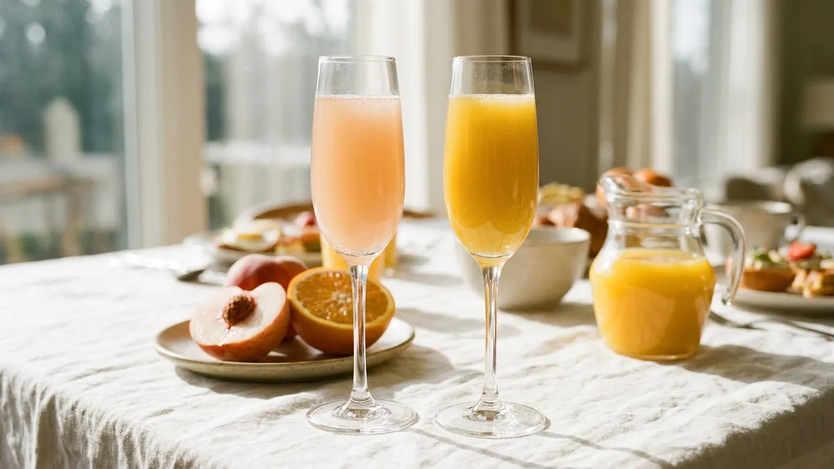 A cloudy peach Bellini and an orange Mimosa in flutes on a brunch table, with a halved white peach and a halved orange behind