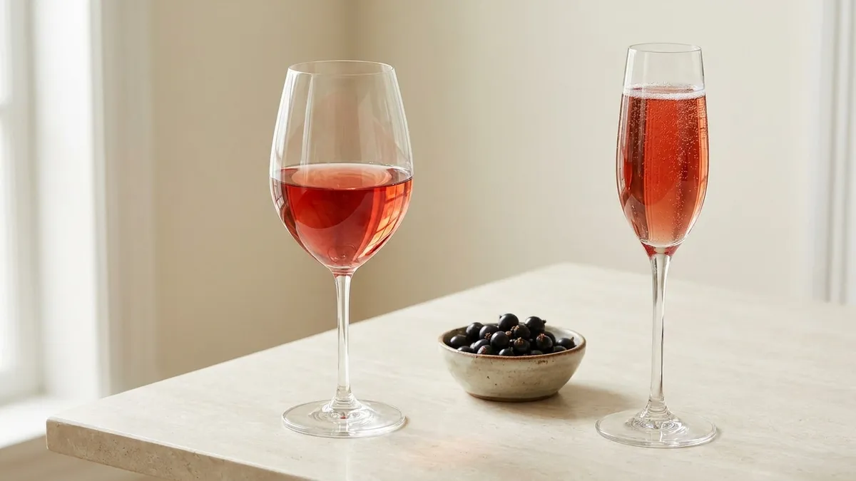 A glass of rosy Kir and a flute of sparkling Kir Royale on pale stone, with a small dish of blackcurrants between them