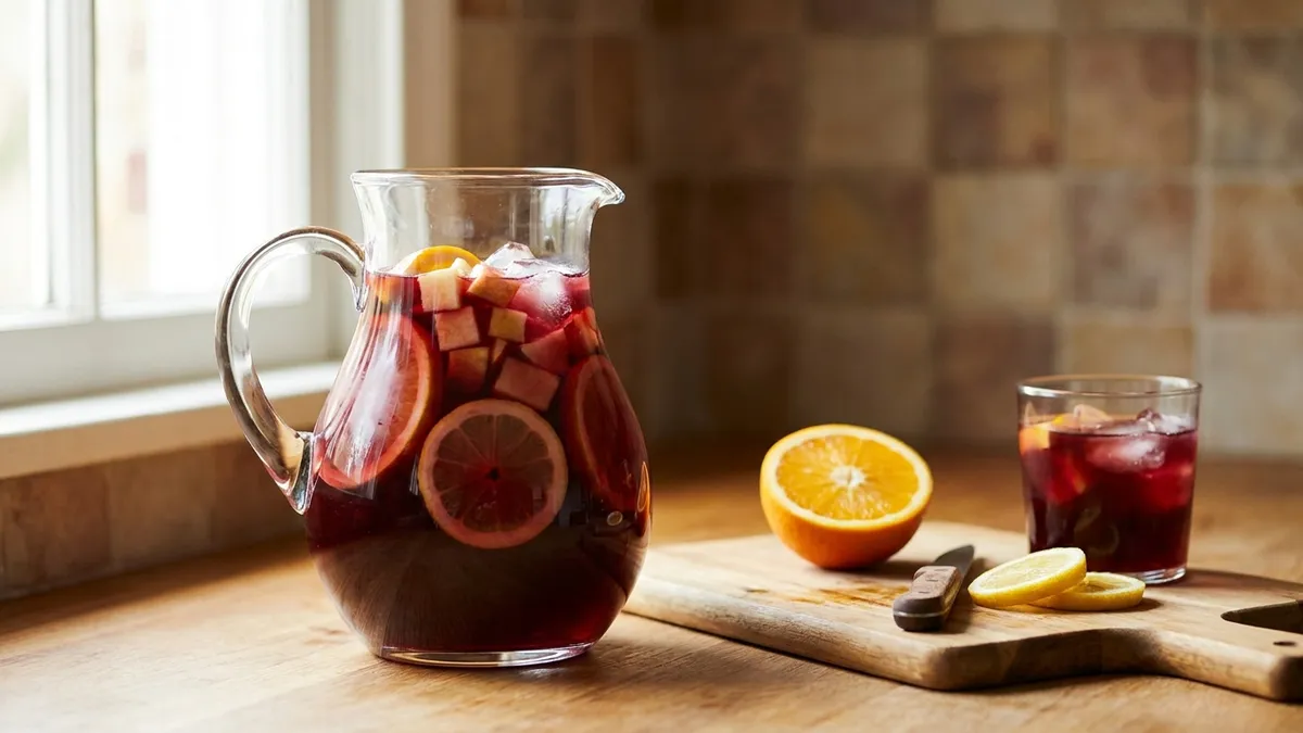 A glass pitcher of red sangria with orange and lemon slices and diced apple, next to a cutting board with halved citrus