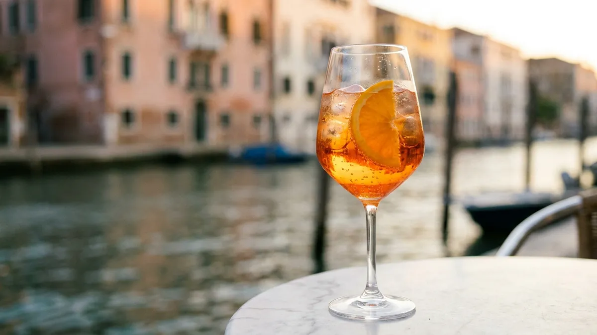A large stemmed glass of orange spritz over ice with a slice of orange, on a cafe table by a canal at golden hour