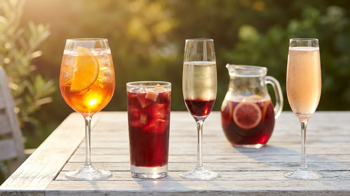 Four wine cocktails on a sunny wooden table: an orange spritz, a red sangria with fruit, a flute of white wine over a layer of blackcurrant liqueur and a peach Bellini, with a sangria pitcher behind
