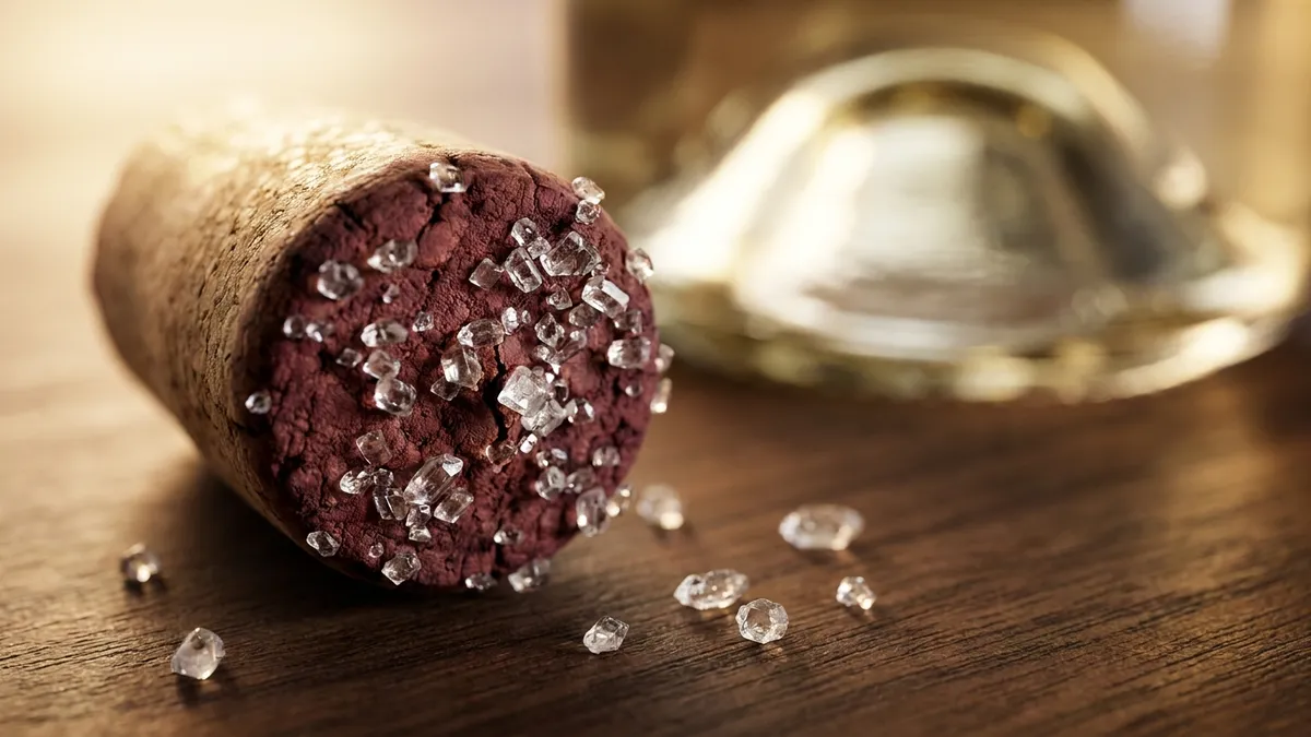 Macro view of small clear tartrate crystals clinging to the wine-stained end of a natural cork on a dark wooden table