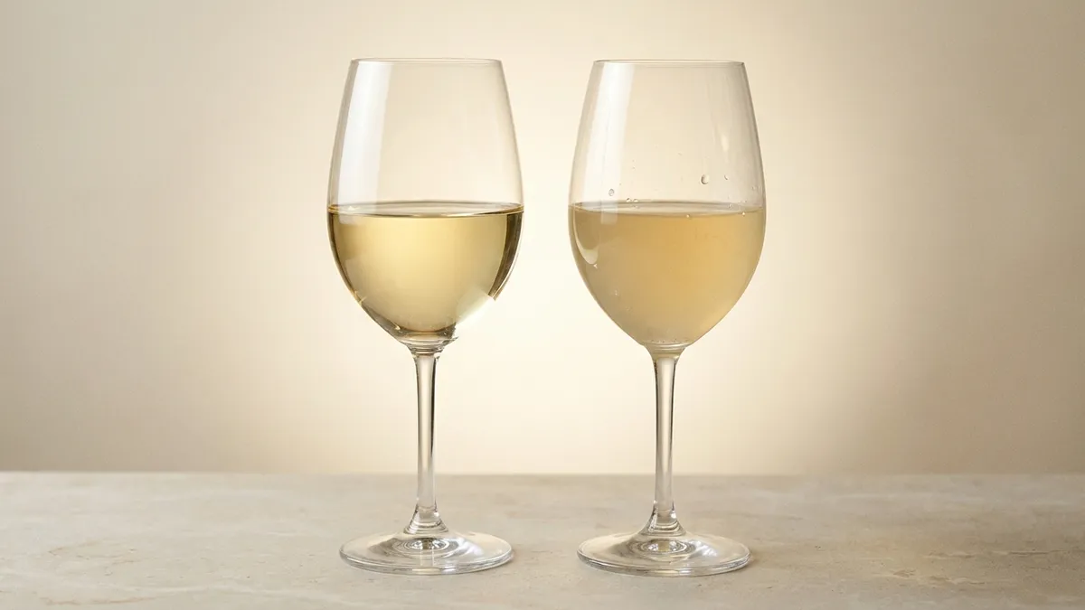 Two white wine glasses side by side, one brilliantly clear and one visibly hazy with a few small bubbles on the glass