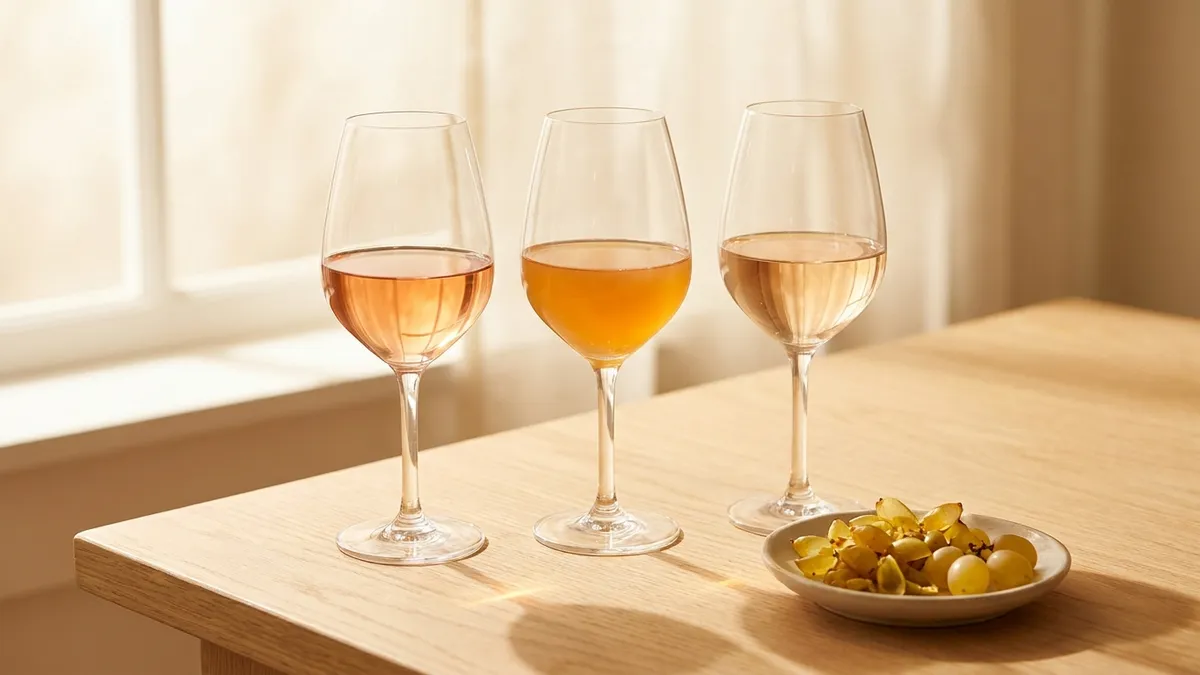 Three glasses on a sunlit oak table holding salmon rosé, amber-orange skin-contact wine and a faintly copper-tinged white, beside a dish of white grape skins