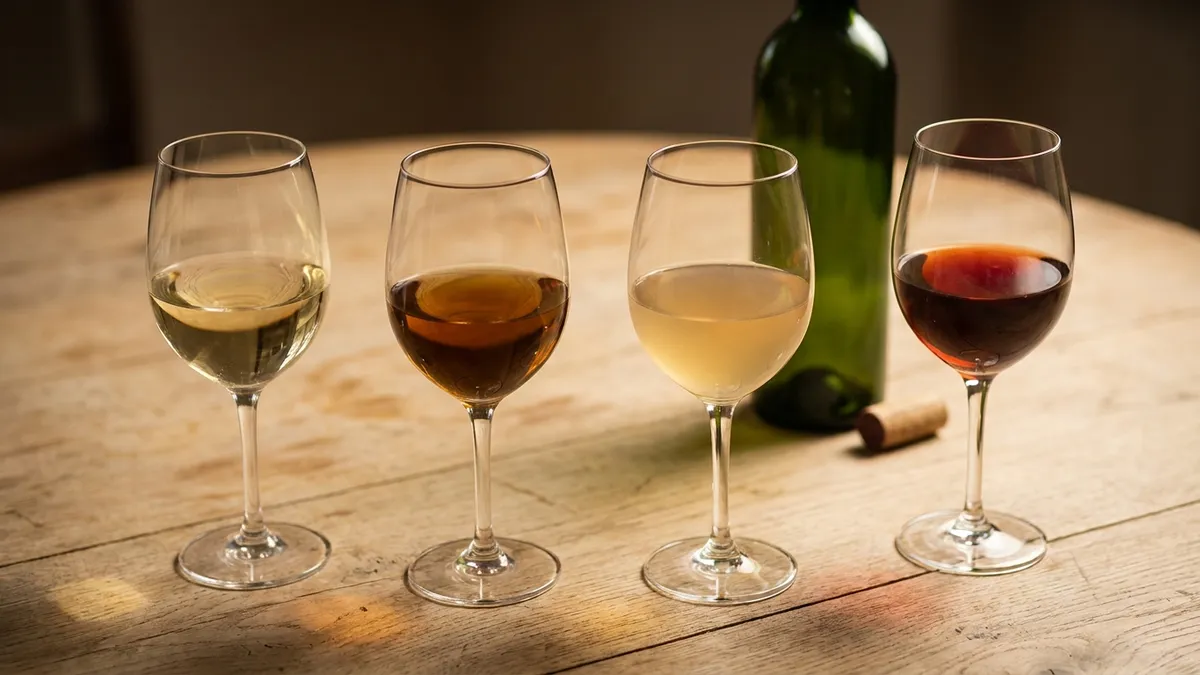 Four wine glasses on an oak table showing a clear pale white, a browned amber white, a hazy white and a red with a brick-orange rim