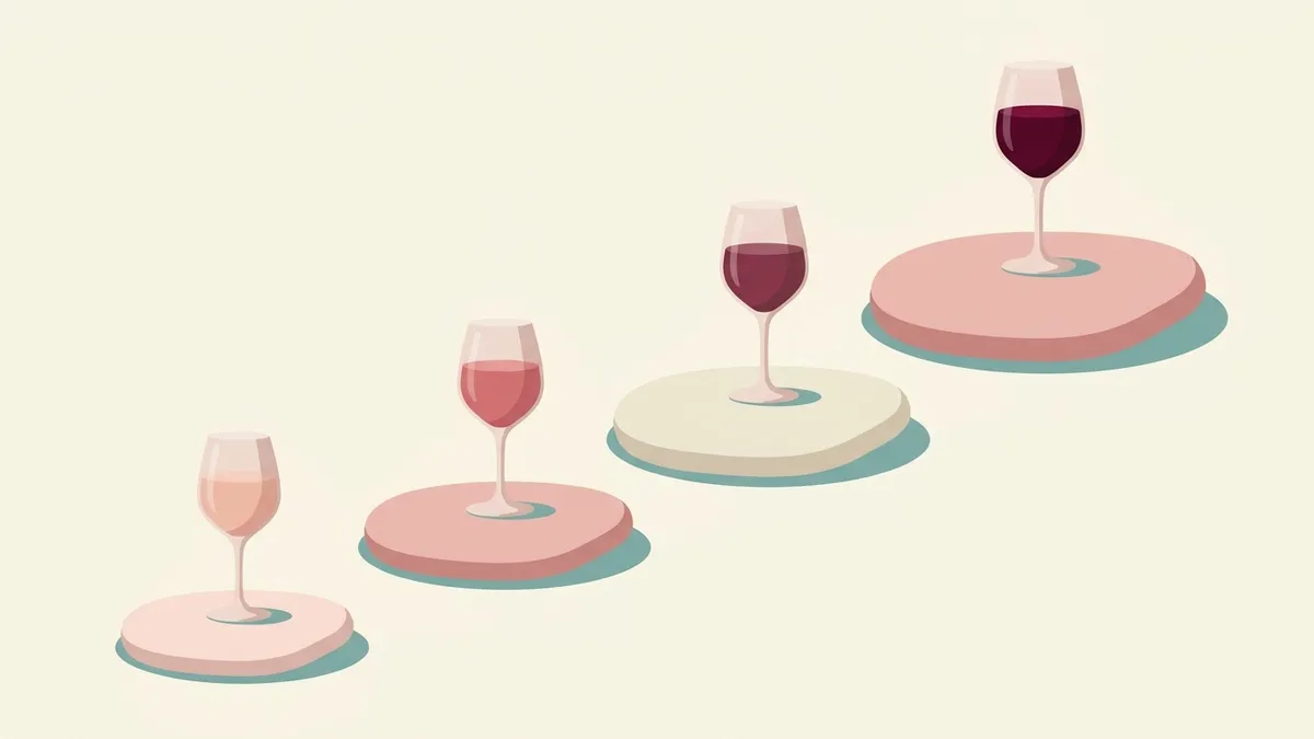 A flat illustration of four stepping stones rising left to right, each holding a wine glass whose wine deepens from pale pink to dark red