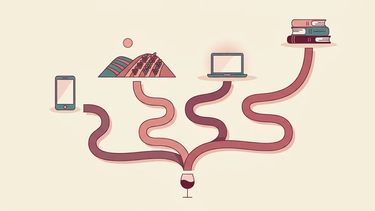 A flat illustration of one path starting at a wine glass and splitting toward a laptop, a vineyard hill, a stack of books and a phone