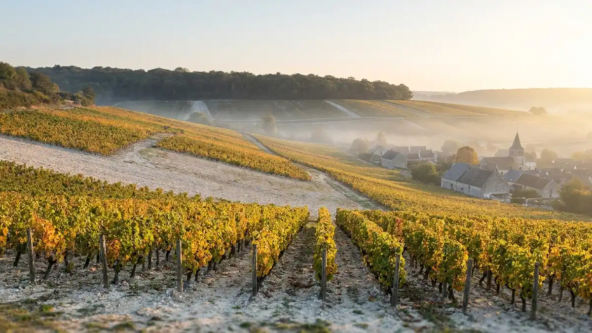 Rolling chalky vineyard hills in northern France in autumn morning light, with a stone village and church spire in the valley