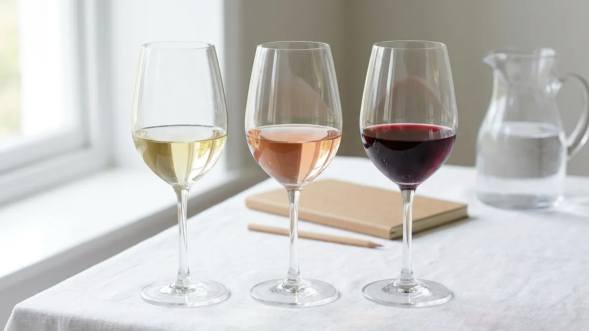 Three wine glasses in a row on a white tablecloth holding a pale white, a pale rosé and a deep ruby red